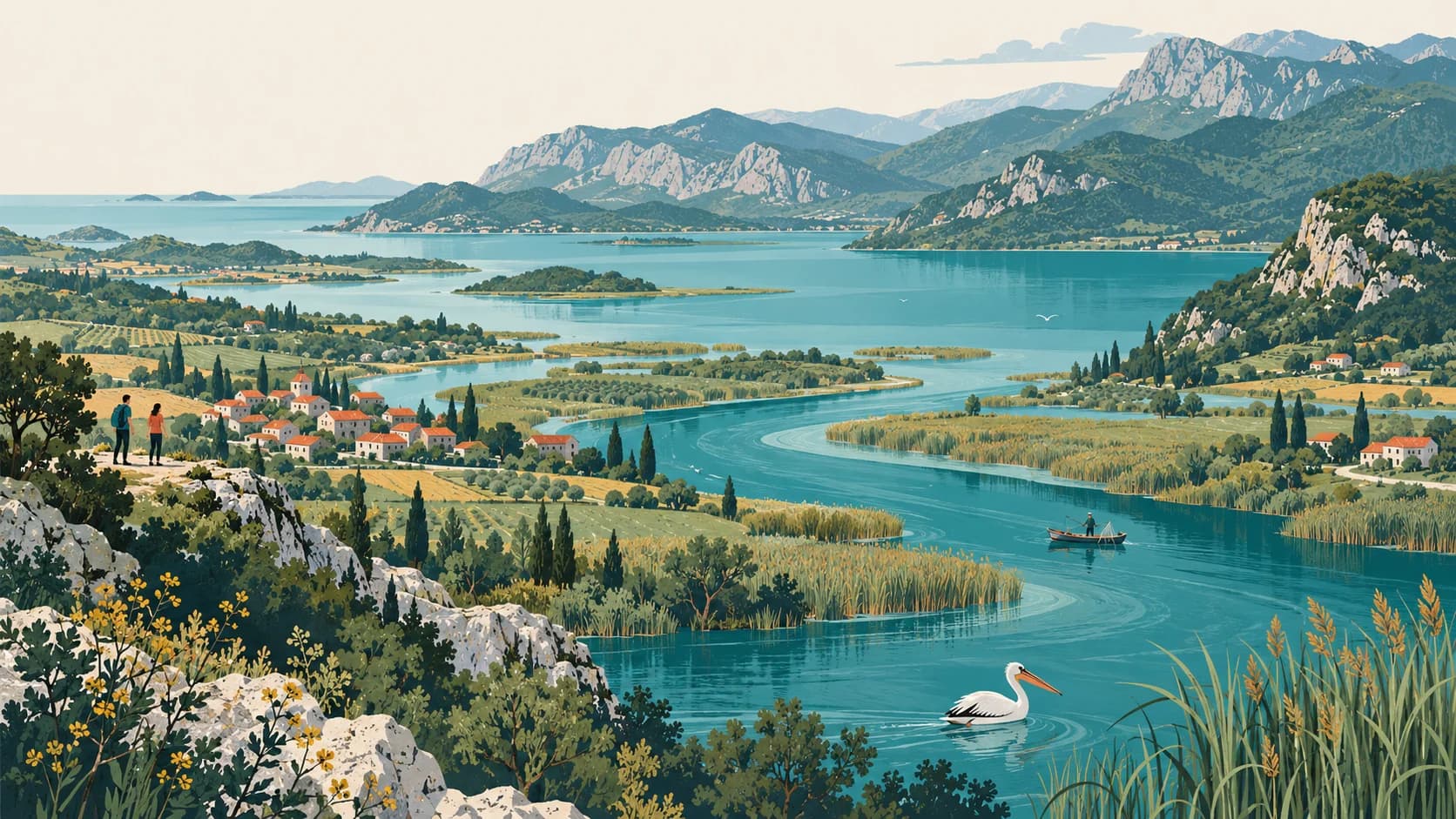 Two hikers on a rocky outcrop overlook a turquoise river valley with red-roofed villages, cypress trees, and limestone mountains under clear sky