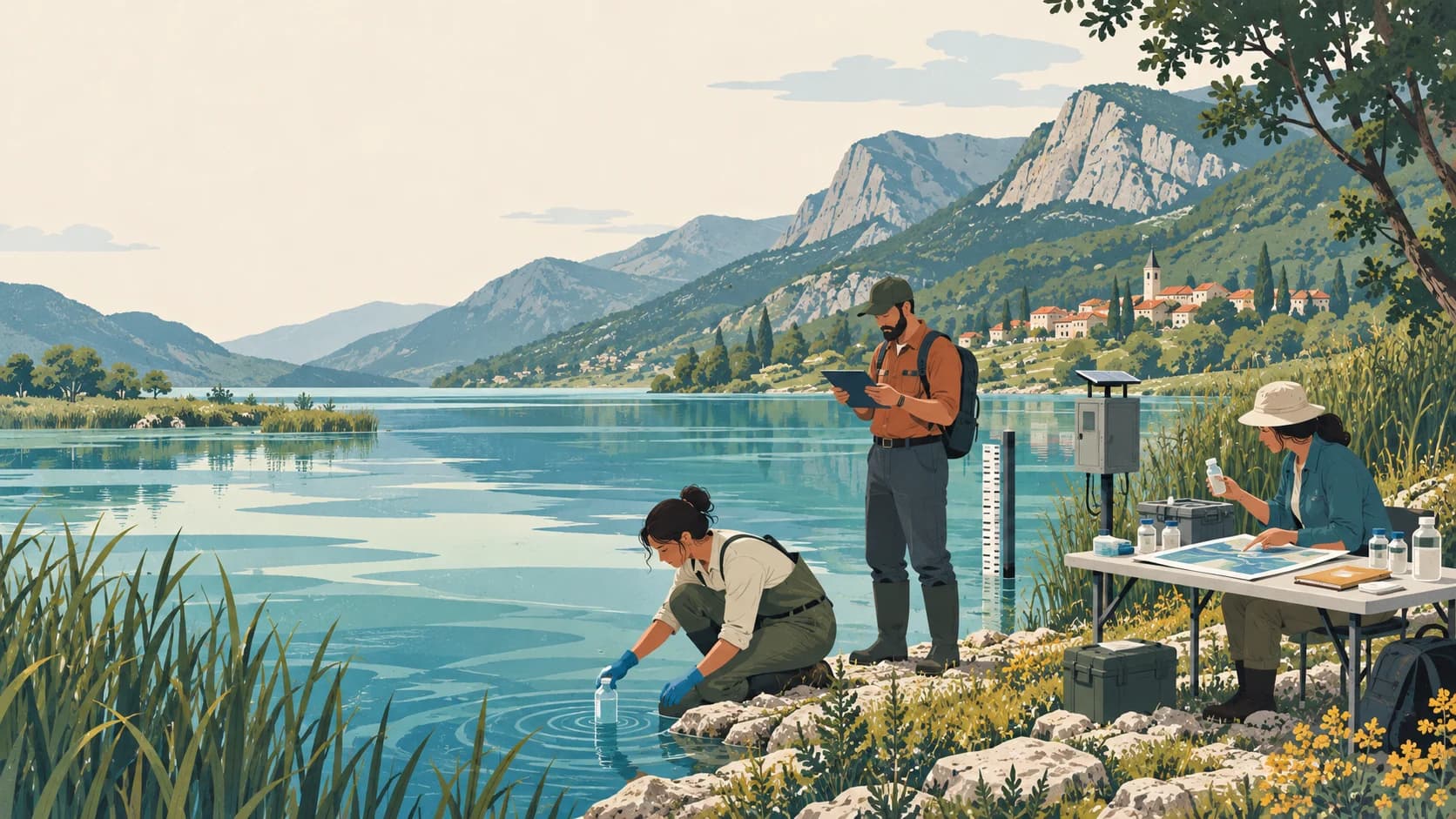 Three environmental scientists conduct water quality testing on an alpine lake shore, mountains and village in background