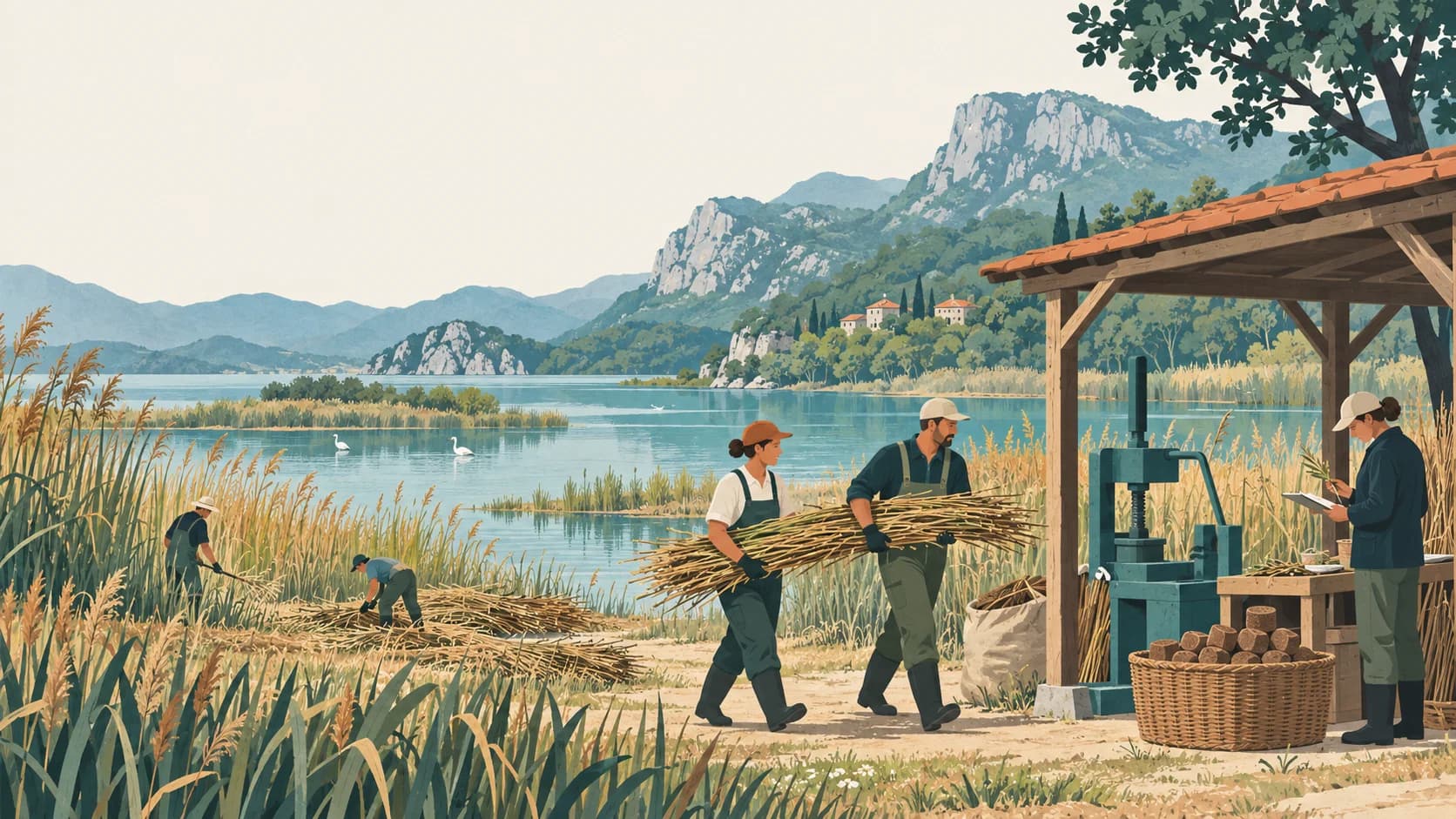 Workers harvesting reeds by a lakeside mill, mountains and villages in background